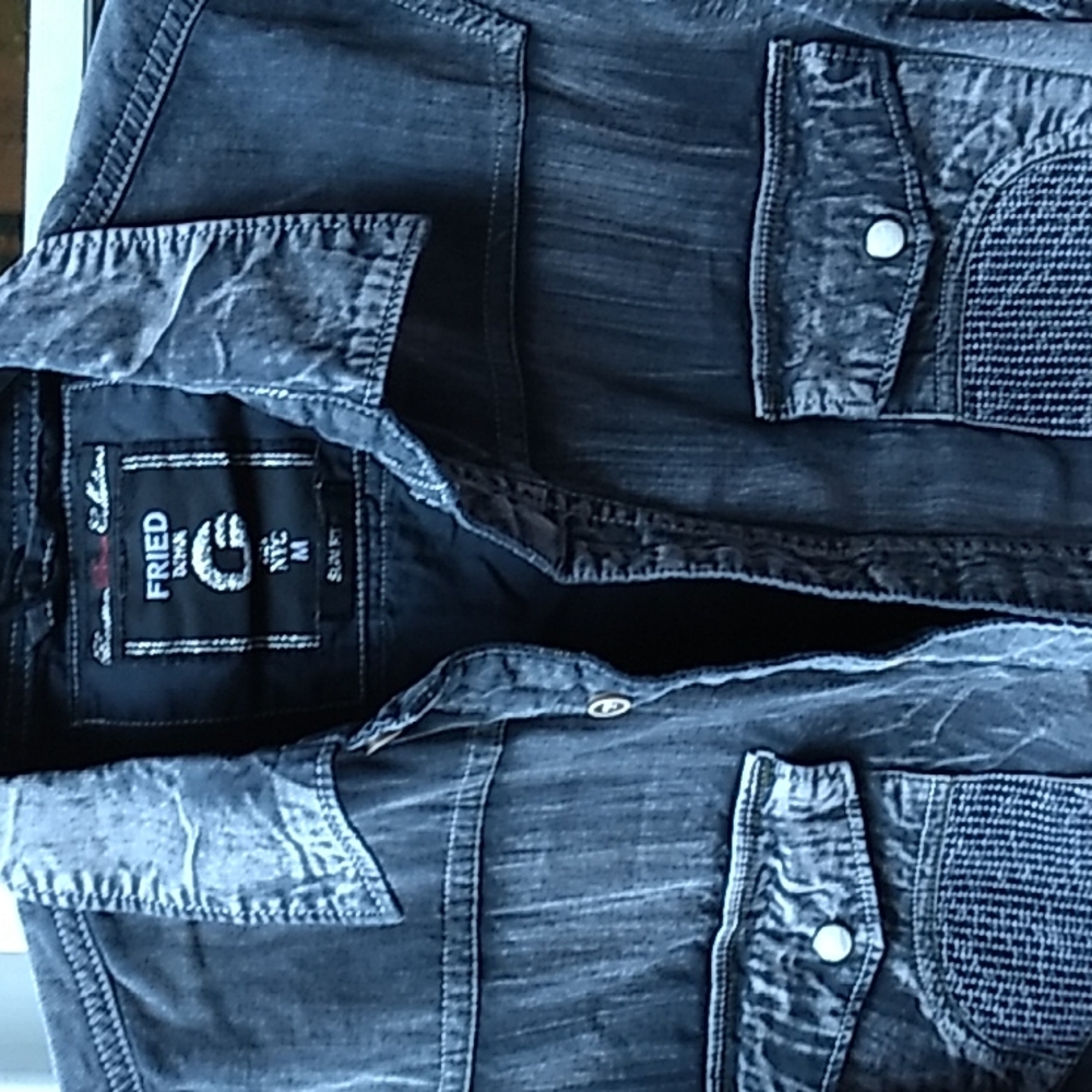 Unisex Fried Denim premium faded gray Cotton Shirt with stitching detail, M, EUC